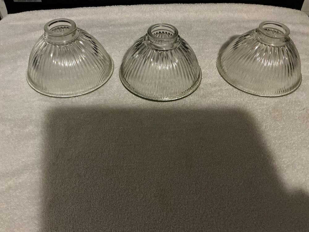 Vtg Set Of 3 Clear Ribbed Glass Lamp Shades Holophane Style Replacement Globes